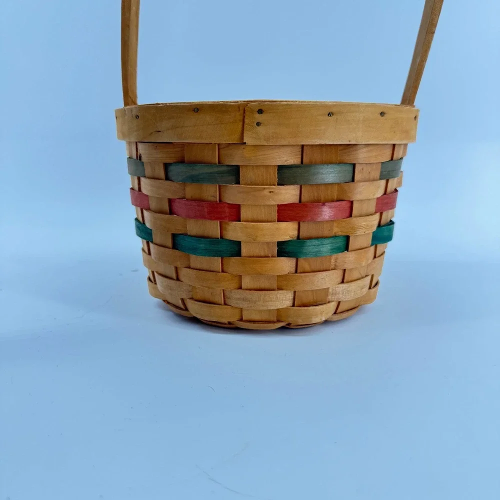 Vintage Woven Wood‎ Basket Small Tan Green Red Farmhouse Decor Handle Easter
